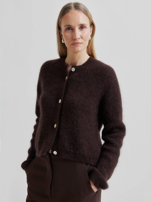 Second Female Andrea Knit Rib LS Cardigan Chocolate Plum