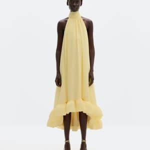 MALINA Sabrina Halterneck Ruffled Midi Dress Light Lemon