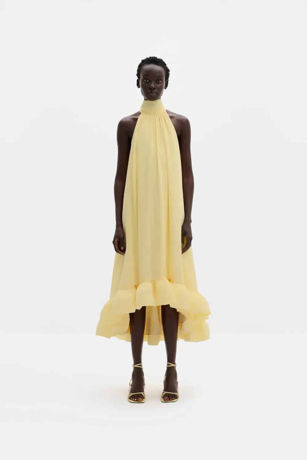 MALINA Sabrina Halterneck Ruffled Midi Dress Light Lemon