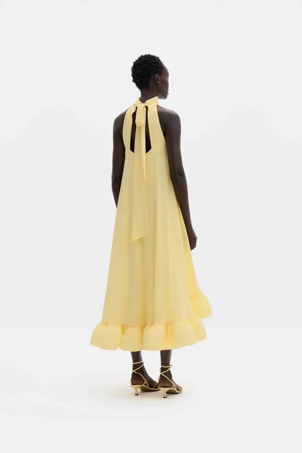 MALINA Sabrina Halterneck Ruffled Midi Dress Light Lemon - Image 2