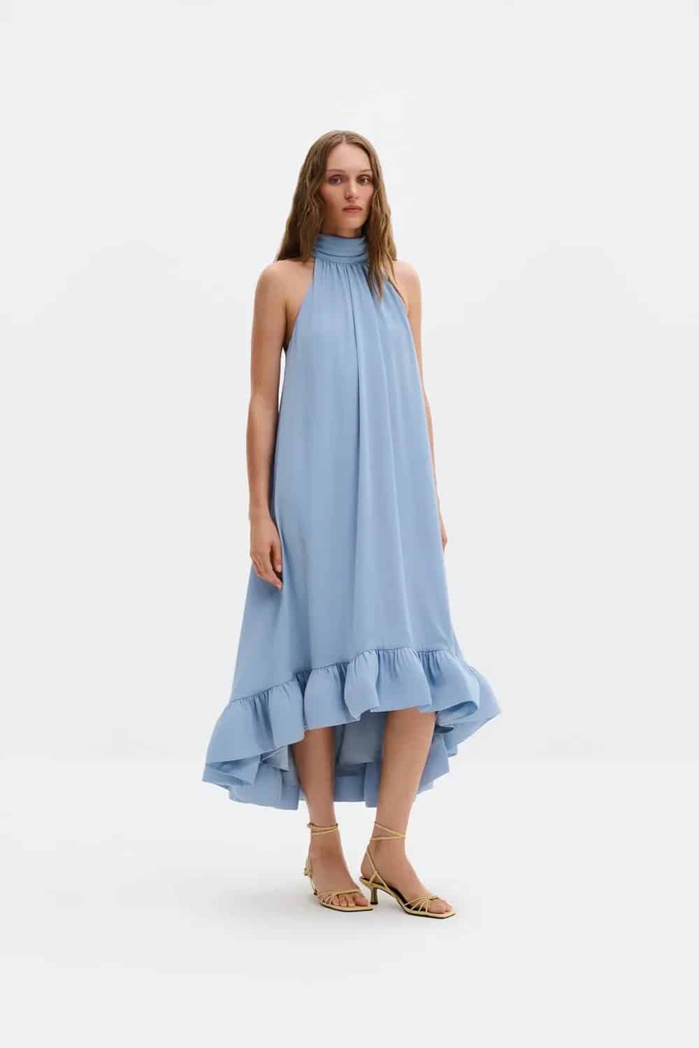 MALINA Sabrina Halterneck Ruffled Midi Dress Sky