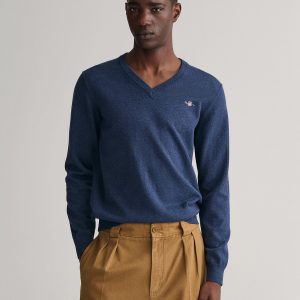 GANT Classic Cotton V-Neck sweater in Dark Jeansblue Melange